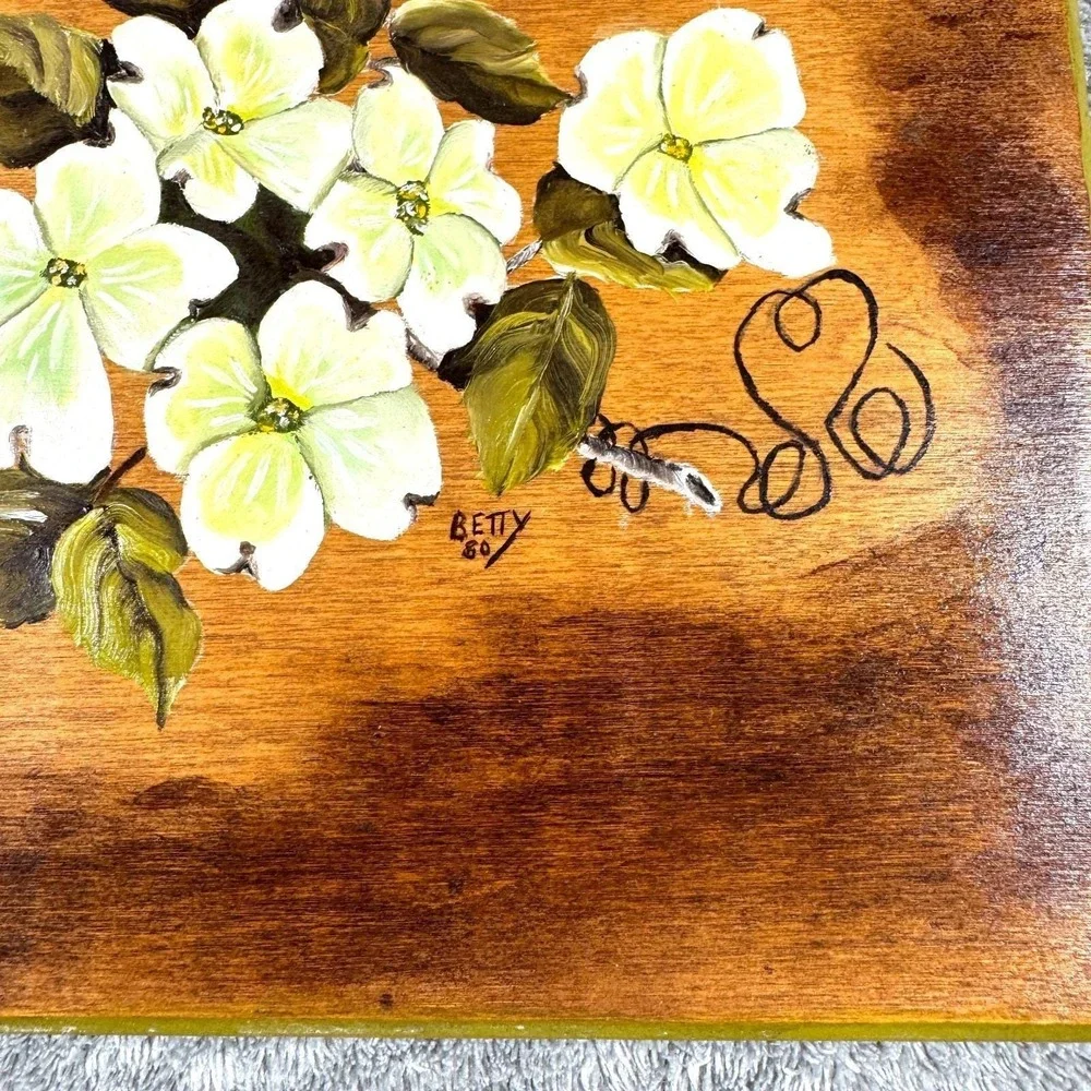 Vintage Hand Painted Wood Wall‎ Plaques Cotton Flowers Signed Betty Set of 2